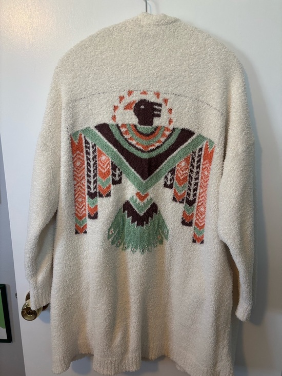 Blakeley Sweaters - Cream Open-Front Cardigan with Green & Orange Aztec Back Motif Women’s One Size
